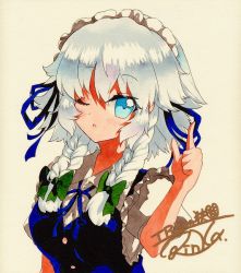 Rule 34 | 1girl, ;o, bad id, bad pixiv id, blue eyes, blue ribbon, blue vest, bow, braid, breasts, buttons, collared shirt, dress shirt, green bow, hair bow, hair ribbon, index finger raised, izayoi sakuya, looking at viewer, maid, maid headdress, medium hair, neck ribbon, one eye closed, puffy short sleeves, puffy sleeves, qqqrinkappp, ribbon, shikishi, shirt, short sleeves, signature, silver hair, small breasts, solo, touhou, traditional media, twin braids, upper body, vest, white background, white shirt