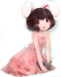 Rule 34 | 1girl, animal ears, bad id, bad pixiv id, bare arms, bare shoulders, black hair, rabbit, carrot, carrot necklace, dress, highres, inaba tewi, jewelry, looking at viewer, maccha cocoa, maccha cocoa (mococo), necklace, open mouth, pendant, pink dress, rabbit ears, rabbit girl, rabbit tail, red eyes, sitting, sleeveless, sleeveless dress, smile, solo, tail, touhou