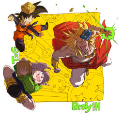 Rule 34 | +++, 3boys, :d, ^ ^, aramakijyake, basket, blonde hair, blue eyes, boots, bracelet, broly (dragon ball z), character name, child, closed eyes, closed mouth, dougi, dragon ball, dragon ball (object), dragonball z, energy, energy ball, evil grin, evil smile, fighting stance, flying, full body, green eyes, green jacket, grin, happy, incoming attack, jacket, jewelry, long sleeves, looking at another, male focus, mask, unworn mask, multiple boys, necklace, nervous, nervous smile, open mouth, outside border, purple hair, short hair, shorts, simple background, smile, son goten, spiked hair, super saiyan, super saiyan 1, sweatdrop, teeth, topless male, trunks (dragon ball), two-tone background, white background, yellow background