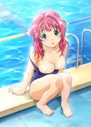Rule 34 | 1girl, bad anatomy, bad feet, barefoot, blush, breasts, cleavage, clothes pull, feet, green (game), green eyes, highres, large breasts, long hair, mizuno makoto (green), one-piece swimsuit, one-piece swimsuit pull, pool, poorly drawn, red hair, school swimsuit, sitting, solo, swimsuit, water