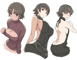 Rule 34 | 10s, 1girl, alternate costume, ass, back, backless dress, backless outfit, bare back, bare shoulders, black dress, black sweater, blush, braid, breasts, brown hair, butt crack, cleavage, cleavage cutout, clothing cutout, crown braid, drawstring, dress, female focus, from behind, halterneck, large breasts, looking at viewer, looking back, megami tensei, meme attire, morisawa haruyuki, multiple views, naked sweater, niijima makoto, no bra, no panties, open-chest sweater, open mouth, persona, persona 5, purple sweater, red eyes, ribbed sweater, shin megami tensei, short hair, sideboob, simple background, sleeveless, sleeveless turtleneck, sweatdrop, sweater, sweater dress, turtleneck, turtleneck sweater, virgin killer sweater, white background