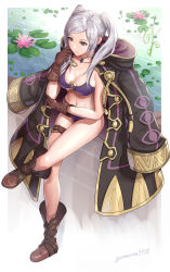 Rule 34 | 1girl, bikini, boots, breasts, brown eyes, cleavage, coat, crossed legs, cutewaifuart, fire emblem, fire emblem awakening, flower, gloves, grey hair, highres, jewelry, lake, leg strap, lily pad, necklace, nintendo, robin (female) (fire emblem), robin (fire emblem), sitting, swimsuit, twintails