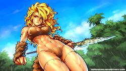 Rule 34 | 1girl, abs, absurdres, arm warmers, blonde hair, blue sky, breasts, cameltoe, cave elf (ronindude), clenched hand, commentary, covered erect nipples, day, elf, english commentary, from below, highres, holding, holding weapon, long hair, medium breasts, nose, original, pointy ears, polearm, ronindude, single strap, sky, solo, spear, thighs, toned, torn clothes, tribal, watermark, weapon, web address, yellow eyes