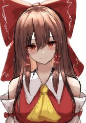 Rule 34 | 1girl, 7saki, ascot, bare shoulders, blouse, bow, breasts, brown eyes, collar, detached sleeves, hair bow, hair tubes, hakurei reimu, highres, large breasts, long hair, nontraditional miko, red bow, red shirt, ribbon-trimmed sleeves, ribbon trim, shirt, sidelocks, simple background, sketch, sleeveless, smile, solo, touhou, unfinished, white background, white collar, yellow ascot