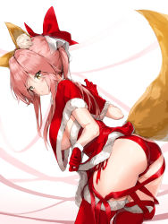 Rule 34 | 1girl, animal ear fluff, animal ears, ass, breasts, capelet, clothes lift, commentary request, fate/grand order, fate (series), fox ears, fox tail, from behind, fur-trimmed capelet, fur-trimmed gloves, fur-trimmed legwear, fur-trimmed skirt, fur trim, gloves, hair ribbon, highres, large breasts, leaning forward, lifting own clothes, long hair, looking at viewer, looking back, panties, pink hair, pixel (yuxian), red capelet, red gloves, red panties, red ribbon, red skirt, red thighhighs, ribbon, santa costume, side-tie panties, sidelocks, skirt, skirt lift, solo, standing, tail, tamamo (fate), tamamo no mae (fate/extra), thighhighs, underboob, underwear, yellow eyes