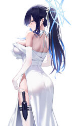 Rule 34 | 1girl, absurdres, ass, black hair, blue archive, blue hair, blue halo, breasts, colored inner hair, cowboy shot, earrings, elbow gloves, gloves, halo, highres, jewelry, kyky (-kyky), large breasts, multicolored hair, official alternate costume, saori (blue archive), saori (dress) (blue archive), simple background, solo, thighhighs, white background, white gloves, white thighhighs