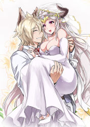 Rule 34 | 1boy, 1girl, :d, aliza (granblue fantasy), bare shoulders, blush, bolobolo, breasts, bridal gauntlets, bridal veil, bride, carrying, cleavage, closed eyes, commentary request, commission, couple, draph, dress, elbow gloves, erune, formal, gloves, granblue fantasy, grey hair, groom, hetero, highres, horns, husband and wife, jewelry, large breasts, light brown hair, long dress, long hair, open mouth, pixiv commission, pointy ears, princess carry, red eyes, ring, smile, stan (grandblue fantasy), suit, tiara, tuxedo, veil, very long hair, wedding dress, wedding ring, white dress, white gloves, white suit