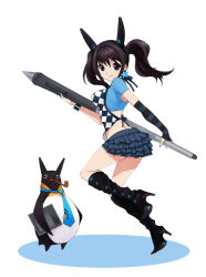 Rule 34 | 1girl, bad id, bad pixiv id, bird, black eyes, black hair, boots, caee penguin, crop top, full body, gloves, high heels, highres, midriff, necktie, oekaki musume, original, pen, penguin, pleated skirt, shoes, short twintails, simple background, skirt, smoking pipe, solo, striped clothes, striped gloves, stylus, twintails, wacom