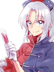 Rule 34 | 1girl, 6 (yuchae), alcohol, commentary request, cup, drinking glass, gloves, grey eyes, hat, looking at viewer, smile, solo, touhou, upper body, white hair, wine, wine glass, yagokoro eirin
