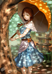 Rule 34 | 1girl, absurdres, bad id, bad pixiv id, blue dress, bow, braid, brown hair, capelet, cowboy shot, dappled sunlight, dress, from side, highres, holding, holding umbrella, long hair, looking at viewer, orange bow, orangina, parted lips, personification, shimashima (pixiv3696209), shimashima (simasima 23), single braid, smile, solo, sunlight, tree, umbrella, yellow eyes