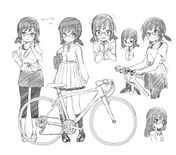 Rule 34 | 1girl, bag, bicycle, blush, closed mouth, collared shirt, flying sweatdrops, glasses, greyscale, kneehighs, leggings, loafers, long sleeves, low twintails, monochrome, multiple views, off-shoulder shirt, off shoulder, open mouth, original, parted lips, pigeon-toed, pleated skirt, school bag, school uniform, sekira ame, semi-rimless eyewear, shirt, shoes, short twintails, skirt, sleeves past wrists, smile, socks, standing, twintails, under-rim eyewear, white background