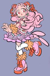 Rule 34 | 1girl, :o, boots, bracelet, commentary, cone hair bun, cure yell, detached sleeves, earrings, flower, full body, grey background, hair bun, hair flower, hair ornament, hair ribbon, heart, heart pouch, highres, hugtto! precure, jewelry, long hair, looking to the side, magical girl, nono hana, open mouth, outstretched arms, pink eyes, pink footwear, pink hair, pink skirt, precure, puffy detached sleeves, puffy sleeves, red ribbon, ribbon, simple background, skirt, solo, sono (samusu gi), standing, standing on one leg, symbol-only commentary, thighhighs, wavy hair, white flower, white thighhighs