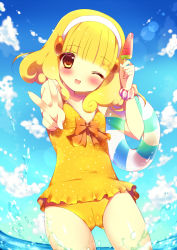 Rule 34 | 10s, 1girl, ;d, bad id, bad pixiv id, blonde hair, blush, cameltoe, casual one-piece swimsuit, food, hairband, innertube, kise yayoi, one-piece swimsuit, one eye closed, open mouth, popsicle, precure, shiratama (shiratamaco), short hair, smile, smile precure!, solo, splashing, swim ring, swimsuit, v, water, watermelon bar, white hairband, wink, yellow eyes, yellow one-piece swimsuit