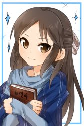 Rule 34 | 1girl, blue border, blue sweater, blush, book, border, brown eyes, brown hair, closed mouth, cosplay, hair ribbon, half updo, holding, holding book, idolmaster, idolmaster cinderella girls, kkis-i, long hair, long sleeves, looking at viewer, parted bangs, ribbon, sagisawa fumika, sagisawa fumika (cosplay), shawl, simple background, sleeves past wrists, smile, solo, sparkle, sweater, tachibana arisu, upper body, white background