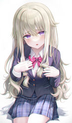 Rule 34 | 1girl, absurdres, blazer, blue jacket, blue skirt, blush, bow, bowtie, commentary, diagonal-striped bow, diagonal-striped bowtie, diagonal-striped clothes, green hair, highres, jacket, kamiyama high school uniform (project sekai), kusanagi nene, liso, long hair, long sleeves, looking at viewer, low-tied long hair, open mouth, plaid, plaid skirt, pleated skirt, project sekai, purple eyes, school uniform, shirt, simple background, sitting, skirt, solo, striped clothes, very long hair, white background, white shirt