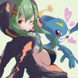 Rule 34 | 1boy, 1girl, absurdres, alternate breast size, artist request, blush, breasts, digimon, green hair, heart, hetero, highres, hood, hoodie, jacket, kiss, large breasts, looking at viewer, looking to the side, navel, one eye closed, open clothes, open jacket, open mouth, red eyes, sharp teeth, shinomiya rina, smile, teeth, v-mon, wink