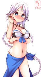 Rule 34 | 1girl, adapted costume, artist logo, bikini, black bikini, blue eyes, blue sarong, braid, commentary request, cowboy shot, dated, hair flaps, hair tie, highres, kanon (kurogane knights), kantai collection, long hair, looking at viewer, mole, mole under eye, navel, parted bangs, sarong, silver hair, simple background, single braid, solo, swimsuit, umikaze (kancolle), very long hair, white background