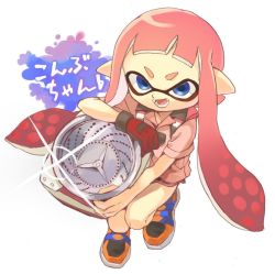 Rule 34 | 1girl, black shorts, blue eyes, blunt bangs, collared shirt, commentary request, diffraction spikes, dolphin shorts, fang, full body, gloves, gym shorts, holding, holding weapon, inkling, inkling girl, inkling player character, long hair, looking at viewer, nintendo, open mouth, orange footwear, pink hair, pink shirt, pointy ears, red gloves, shiohi, shirt, shoes, short shorts, short sleeves, shorts, simple background, single glove, sloshing machine (splatoon), smile, solo, splatoon (series), splatoon 2, squatting, tentacle hair, weapon, white background
