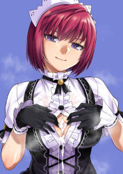 Rule 34 | 1girl, after paizuri, black gloves, black ribbon, blue background, breasts, closed eyes, commentary request, cum, cum on body, cum on breasts, cum on clothes, cum on upper body, cumdrip, frilled shirt, frills, gloves, kiyoko3sai, large breasts, maid headdress, nel zelpher, open clothes, open shirt, purple eyes, red hair, ribbon, ribbon trim, shirt, short sleeves, simple background, skirt, smile, solo, star ocean, star ocean anamnesis, star ocean till the end of time, unbuttoned, upper body, white skirt