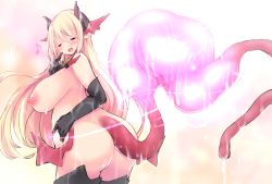 Rule 34 | 2girls, :p, ass, blonde hair, blush, breasts, demon girl, demon horns, elbow gloves, closed eyes, female focus, gloves, horns, huge breasts, long hair, multiple girls, musical note, nipples, nude, one eye closed, original, plump, pointy ears, smile, tail, tail vore, thighhighs, tongue, tongue out, triplebunny, vore