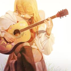 Rule 34 | 1girl, black thighhighs, blonde hair, commentary, crossed legs, english commentary, english text, flower, guitar, hair flower, hair ornament, hood, hood down, hoodie, instrument, jewelry, k-pop, music, necklace, off shoulder, playing instrument, real life, red shirt, seeun (stayc), shirt, shorts, solo, soorin, stayc, thighhighs, white flower, white hoodie, white shorts