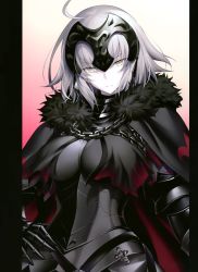 Rule 34 | 1girl, absurdres, ahoge, armor, armored dress, black armor, black cape, black dress, breasts, cape, cowboy shot, dress, fate/grand order, fate (series), fur-trimmed cape, fur collar, fur trim, gauntlets, gradient background, hand on own hip, headpiece, highres, jeanne d&#039;arc (fate), jeanne d&#039;arc alter (avenger) (fate), jeanne d&#039;arc alter (fate), kousaki rui, large breasts, looking at viewer, scan, short hair, signature, silver hair, solo, tsurime, yellow eyes