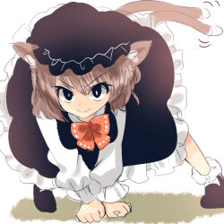 Rule 34 | 1girl, alternate color, animal ears, black footwear, black hat, bow, bowtie, brown hair, cat ears, cat tail, chen, closed mouth, hat, long sleeves, looking at viewer, mob cap, multiple tails, nagare, nekomata, red bow, red bowtie, short hair, smile, solo, tail, touhou, two tails, v-shaped eyebrows