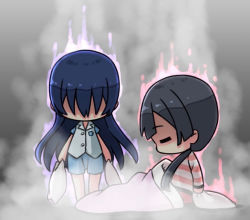 Rule 34 | 2girls, aura, black hair, blanket, blue hair, chibi, closed eyes, commentary request, covered face, in-franchise crossover, long hair, love live!, love live! nijigasaki high school idol club, love live! school idol project, low twintails, multiple girls, ooo0303150, pillow, sidelocks, sleepwalking, sonoda umi, trait connection, twintails, yuki setsuna (love live!)