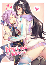 Rule 34 | 2girls, ass, black hair, blush, character name, cosplay, costume switch, d-pad, detached sleeves, embarrassed, female focus, ge-b, hair ornament, hand on own chin, heart, hood, hooded track jacket, jacket, long hair, looking at viewer, multiple girls, neptune (neptunia), neptune (series), noire (neptunia), open mouth, orange background, panties, pantyshot, purple hair, red eyes, short hair, simple background, smile, spoken heart, striped clothes, striped legwear, striped thighhighs, sweatdrop, teeth, thighhighs, thought bubble, track jacket, underwear, upper teeth only, white panties, yuri