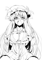 Rule 34 | 1girl, bad id, bad pixiv id, bdsm, belt, blush, bondage, bound, breasts, crescent, female focus, greyscale, large breasts, lineart, long hair, monochrome, open clothes, open mouth, open shirt, patchouli knowledge, redcomet, restrained, shirt, solo, tears, touhou