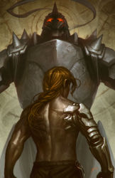 Rule 34 | 2boys, alphonse elric, armor, back, blonde hair, braid, chain, edward elric, epic, from behind, full armor, fullmetal alchemist, glowing, glowing eyes, jimmy xu, long hair, male focus, manly, mechanical arms, multiple boys, pants, ponytail, red eyes, siblings, single braid, single mechanical arm, topless male