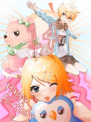Rule 34 | 1boy, 1girl, ahoge, armpit crease, blonde hair, blue eyes, blush, bow, chinese commentary, commentary request, elma07, fang, hair bow, hair ornament, hairclip, happy birthday, headphones, headphones around neck, highres, jacket, kagamine len, kagamine rin, looking at viewer, mixed-language commentary, nose blush, one eye closed, outstretched arms, short hair, shorts, smile, strap slip, stuffed animal, stuffed penguin, stuffed toy, teddy bear, tongue, tongue out, vocaloid, wavy mouth