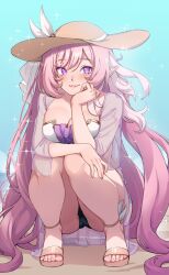Rule 34 | 1girl, absurdres, beach, black panties, blue sky, breasts, cleavage, elf, elysia (herrscher of human: ego) (honkai impact), elysia (honkai impact), estherart0, hair between eyes, hand on own cheek, hand on own face, hat, highres, honkai (series), honkai impact 3rd, large breasts, long hair, looking at viewer, open mouth, panties, pink hair, pink pupils, pointy ears, sand, sandals, see-through, see-through sleeves, shirt, sky, smile, solo, squatting, sun hat, toes, underwear, very long hair, white shirt, white veil