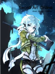 Rule 34 | 10s, bad id, bad pixiv id, black shorts, blue eyes, blue hair, copyright name, green jacket, gun, hair ornament, holding, holding gun, holding weapon, jacket, looking at viewer, open clothes, open jacket, rifle, scarf, short hair, short shorts, shorts, signature, sinon, solo, sword art online, weapon, white scarf, yu jiu