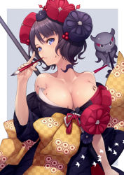 Rule 34 | 1girl, bare shoulders, black kimono, blue eyes, blush, border, breasts, calligraphy brush, cleavage, closed mouth, collarbone, fate/grand order, fate (series), flower, grey background, hair flower, hair ornament, hairpin, holding, holding paintbrush, ink, japanese clothes, katsushika hokusai (fate), kimono, kyoeiki, large breasts, looking at viewer, obi, octopus, off shoulder, paintbrush, purple hair, sash, short hair, simple background, tokitarou (fate), white border