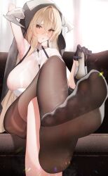 Rule 34 | 1girl, absurdres, azur lane, blonde hair, breasts, couch, crossed legs, feet, foot focus, highres, holding, holding shoes, horns, implacable (azur lane), large breasts, light blush, long hair, looking at viewer, pantyhose, parted lips, red eyes, shoes, unworn shoes, single shoe, sitting, soles, steam, ursica