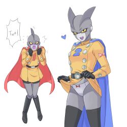 Rule 34 | 2girls, black gloves, blank eyes, blue cape, blush, boots, bow, bow panties, breasts, cape, clenched hands, clothes lift, colored sclera, commentary, dragon ball, dragon ball super, dragon ball super super hero, dress, dress lift, english commentary, gamma 1, gamma 2, genderswap, genderswap (mtf), genniax, gloves, highres, knee boots, knees together feet apart, medium breasts, multiple girls, open mouth, panties, red cape, shorts under dress, smile, thighhighs, underwear, wavy mouth, white panties, yellow dress, yellow sclera