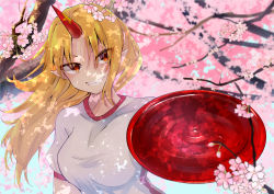 Rule 34 | 1girl, absurdres, alcohol, arched back, blonde hair, blue sky, branch, breasts, cherry blossoms, cup, dappled sunlight, day, eyes visible through hair, giving, grin, hair between eyes, hair blowing, hanami, highres, horns, hoshiguma yuugi, large breasts, leaning to the side, long hair, looking at viewer, outdoors, pointy ears, puffy short sleeves, puffy sleeves, red eyes, sakazuki, sake, shirt, short sleeves, single horn, sky, smile, solanikieru, solo, spring (season), star (symbol), sunlight, teeth, touhou, upper body, very long hair, white shirt, wind