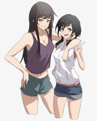 Rule 34 | 2girls, absurdres, amano hina (tenki no ko), arm around shoulder, bare shoulders, black choker, black hair, blue brooch, blue eyes, blue shorts, blush, breasts, choker, cleavage, clenched teeth, collarbone, commentary, cropped legs, hand in pocket, highres, hood, hoodie, long hair, looking at viewer, low twintails, medium breasts, midriff, mole, mole under eye, multiple girls, navel, nishizuki shino, open mouth, pink shirt, purple tank top, red eyes, shirt, shorts, sidelocks, simple background, sleeveless, sleeveless hoodie, smile, suga natsumi, tank top, teeth, tenki no ko, twintails, upper teeth only, v, white background, white hoodie