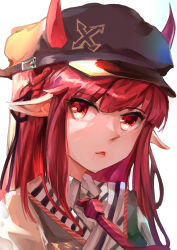 Rule 34 | 1girl, absurdres, arknights, blunt bangs, cabbie hat, eyebrows hidden by hair, hair ribbon, hat, highres, horns, horns through headwear, long hair, looking at viewer, necktie, open mouth, pointy ears, red eyes, red hair, ribbon, shao (tsfx4342), shirt, solo, vigna (arknights), white shirt