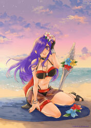 Rule 34 | 1girl, beach, bikini, bikini skirt, black bikini, black gloves, blue flower, breasts, bryminoru, cleavage, cloud, collarbone, commentary request, dated, fingernails, fire emblem, fire emblem: three houses, fire emblem heroes, fire emblem warriors: three hopes, floating hair, flower, gloves, hair flower, hair ornament, hair over one eye, large breasts, looking at viewer, navel, nintendo, ocean, official alternate costume, one eye covered, outdoors, pink flower, planted, planted sword, planted weapon, purple eyes, purple hair, red flower, sand, sandals, see-through, see-through skirt, shez (female) (fire emblem), shez (female) (summer) (fire emblem), shez (fire emblem), single glove, sitting, skirt, sky, smile, solo, stomach, swimsuit, sword, teeth, toes, upper teeth only, water, weapon, yellow flower