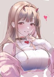 Rule 34 | 1girl, bare shoulders, breasts, choker, crop top, finger to mouth, fingerless gloves, gloves, goddess of victory: nikke, grin, heart, heart collar, heart pendant, horns, large breasts, light brown hair, long hair, looking at viewer, mi10256399, red eyes, simple background, sketch, sleeveless, smile, solo, upper body, viper (nikke), white gloves
