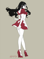 Rule 34 | 1girl, ankle ribbon, baby 5, back cutout, bare legs, black hair, clothing cutout, covering privates, dress, earrings, floating hair, fushi-kun (prpky), glasses, jewelry, leg ribbon, long hair, looking at viewer, looking back, one piece, puffy short sleeves, puffy sleeves, red dress, red footwear, red lips, ribbon, short dress, short sleeves, twitter username