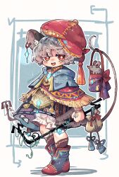 Rule 34 | 1girl, alternate costume, animal, animal ears, black socks, bloomers, blue capelet, blush, capelet, full body, grey hair, hat, highres, jewelry, kneehighs, looking at viewer, mame komari, mouse (animal), mouse ears, mouse tail, nazrin, open mouth, pendant, red eyes, red hat, shoes, short hair, smile, socks, solo, tail, thick eyebrows, touhou, twitter username, underwear, white bloomers