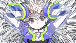 Rule 34 | 1girl, aiobahn, android, arms up, blunt bangs, closed mouth, expressionless, eyeshadow, from above, grey eyes, grey hair, hair spread out, highres, jacket, joints, long hair, long sleeves, looking at viewer, lying, makeup, on back, own hands together, purple eyeshadow, purple jacket, retro artstyle, robot joints, see-through, see-through sleeves, solo, upper body, very long hair, yo-co