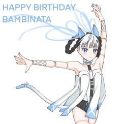 1girl animal_ears ballerina bambinata:_vitrum_(pgr) bambinata_(pgr) black_hair blue_eyes blue_tail bow braid braided_hair_rings cat_ears cat_tail character_name doll_joints fake_animal_ears gradient_tail hair_ornament hair_rings hairclip happy_birthday heart heart-shaped_pupils highres joints leotard mechabare mechanical_arms multicolored_hair punishing:_gray_raven robot_joints solo symbol-shaped_pupils tail tail_bow tail_ornament two-tone_hair white_hair white_tail yashiro_071027