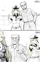 Rule 34 | 10s, 1boy, 2girls, age progression, belt, blush, cigarette, comic, crossed arms, enterprise (pacific), hand on shoulder, highres, kantai collection, midriff, military, military uniform, monochrome, multiple girls, navel, new jersey (pacific), original, pacific (kancolle), pocket, real life, ribbon, sailor collar, simple background, slap mark, sparkle, standing, uniform, uss enterprise (cv-6), uss new jersey (bb-62), v, white background, william halsey jr, y.ssanoha
