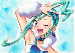 Rule 34 | 1girl, :d, arm up, arm warmers, armpits, blue background, blush, choker, collarbone, commentary, creatures (company), earrings, eyelashes, game freak, green eyes, green hair, hair ornament, highres, jewelry, lisia (pokemon), looking at viewer, nintendo, oka mochi, one eye closed, open mouth, pokemon, pokemon oras, sidelocks, smile, solo, tongue, traditional media, upper body, w