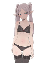 Rule 34 | 1girl, air41, black bra, black panties, black thighhighs, blush, bra, elf, flat chest, frieren, gluteal fold, grey hair, highres, long hair, looking at viewer, navel, panties, pointy ears, simple background, smile, solo, sousou no frieren, stomach, thighhighs, twintails, underwear, underwear only, very long hair, white background