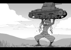 Rule 34 | 1girl, anchovy (girls und panzer), anzio military uniform, arms up, belt, boots, cloud, cloudy sky, commentary, day, dress shirt, drill hair, frown, girls und panzer, greyscale, grimace, hair ribbon, highres, jacket, knee boots, letterboxed, lifting vehicle, long hair, long sleeves, looking at viewer, military, military uniform, military vehicle, monochrome, motor vehicle, necktie, pants, pants tucked in, ribbon, sam browne belt, sashizume soutarou, shirt, sky, solo, standing, struggling, sweatdrop, tank, twin drills, twintails, uniform, vehicle request, wing collar